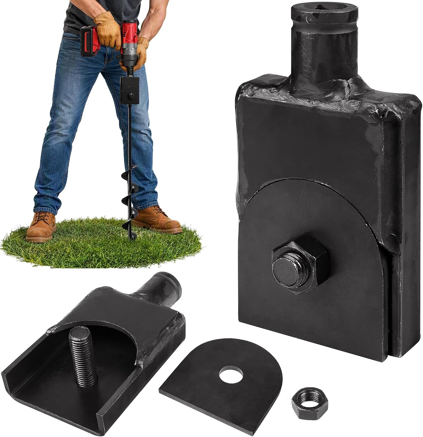 Person driving a ground anchor with an impact driver and a square-drive adapter, with the adapter parts shown separately